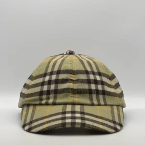 Olive check Burberry cap, three-quarter front-left view.