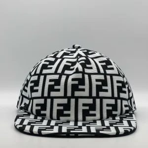 Black and white Fendi FF cap, three-quarter front view.