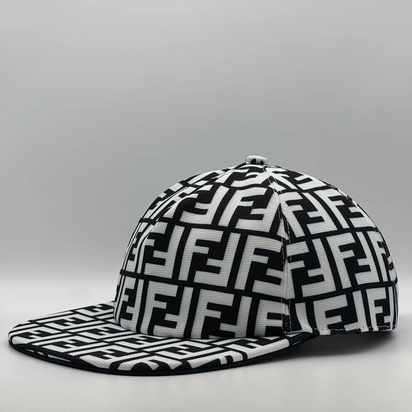 Black and white Fendi FF cap, front view.