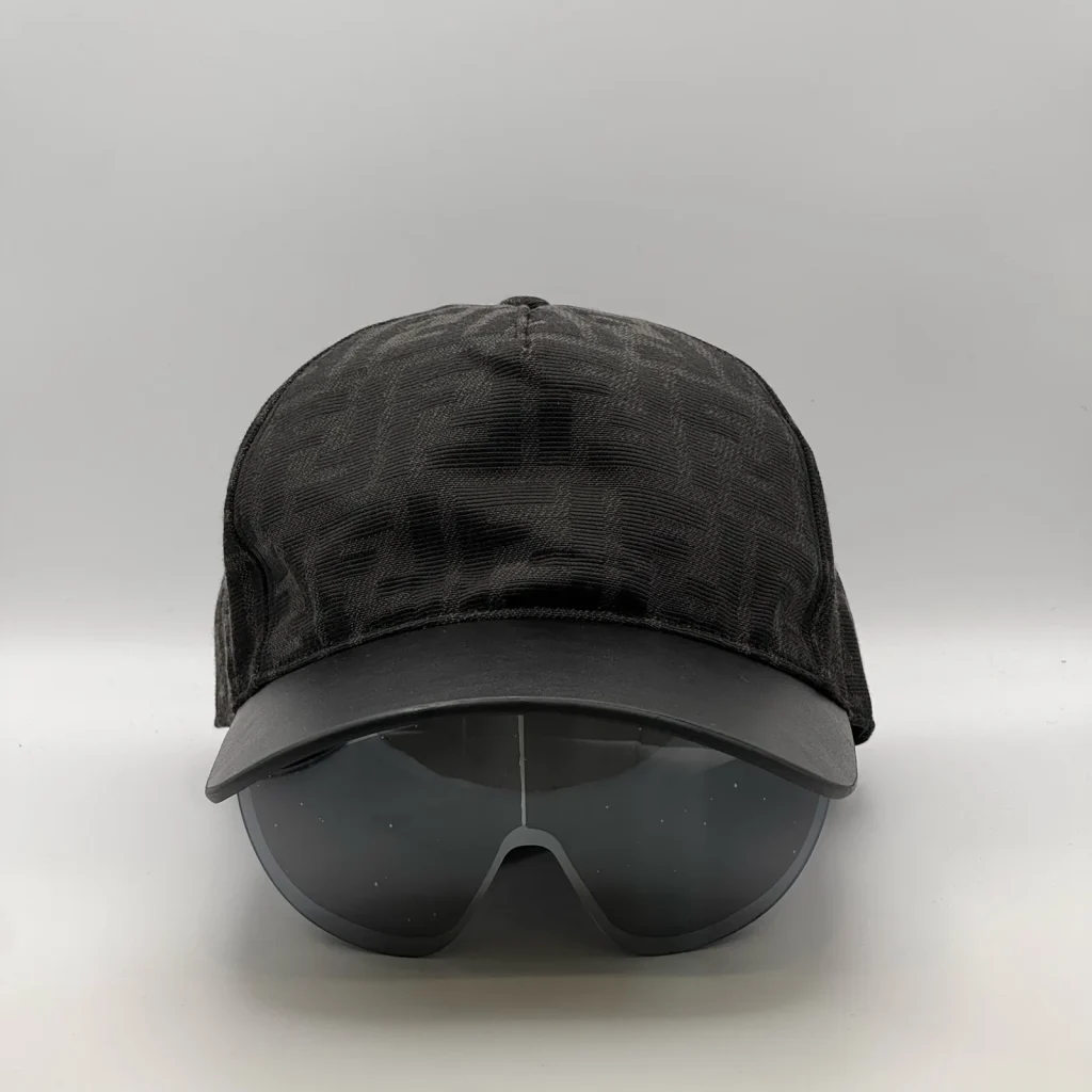 Black Fendi FF Visor cap, front view showing the tinted visor shield.