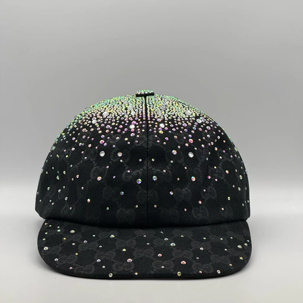 Black cap with iridescent crystal gradient, front view