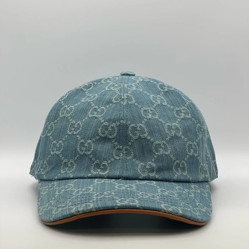 Blue GG denim cap, front view with tan leather brim trim