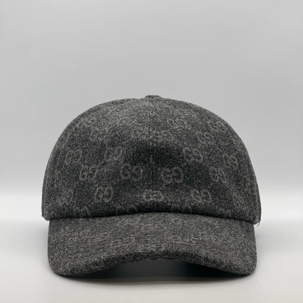 Charcoal GG jacquard wool cap, front view of tonal monogram pattern
