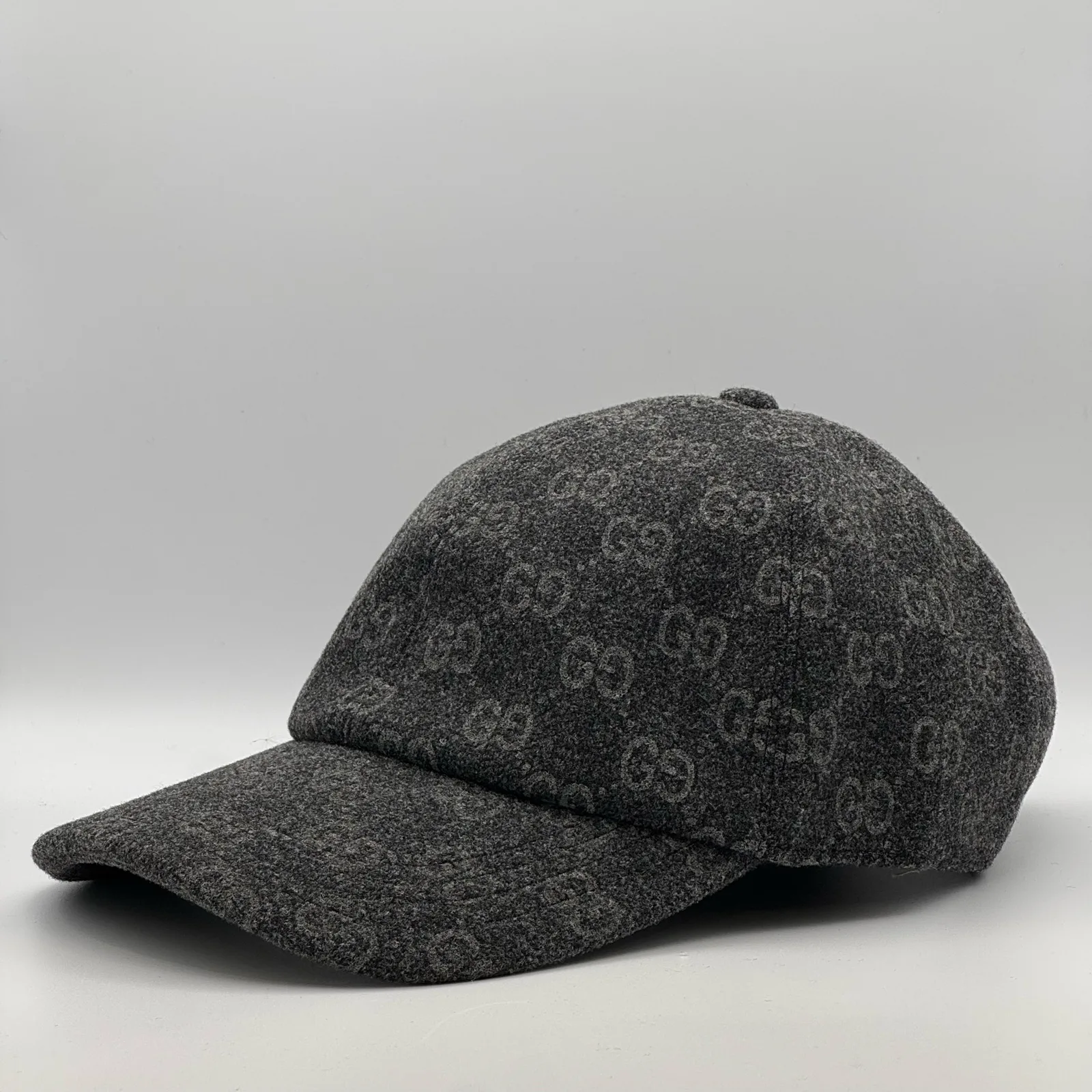 Charcoal GG wool cap, side profile view