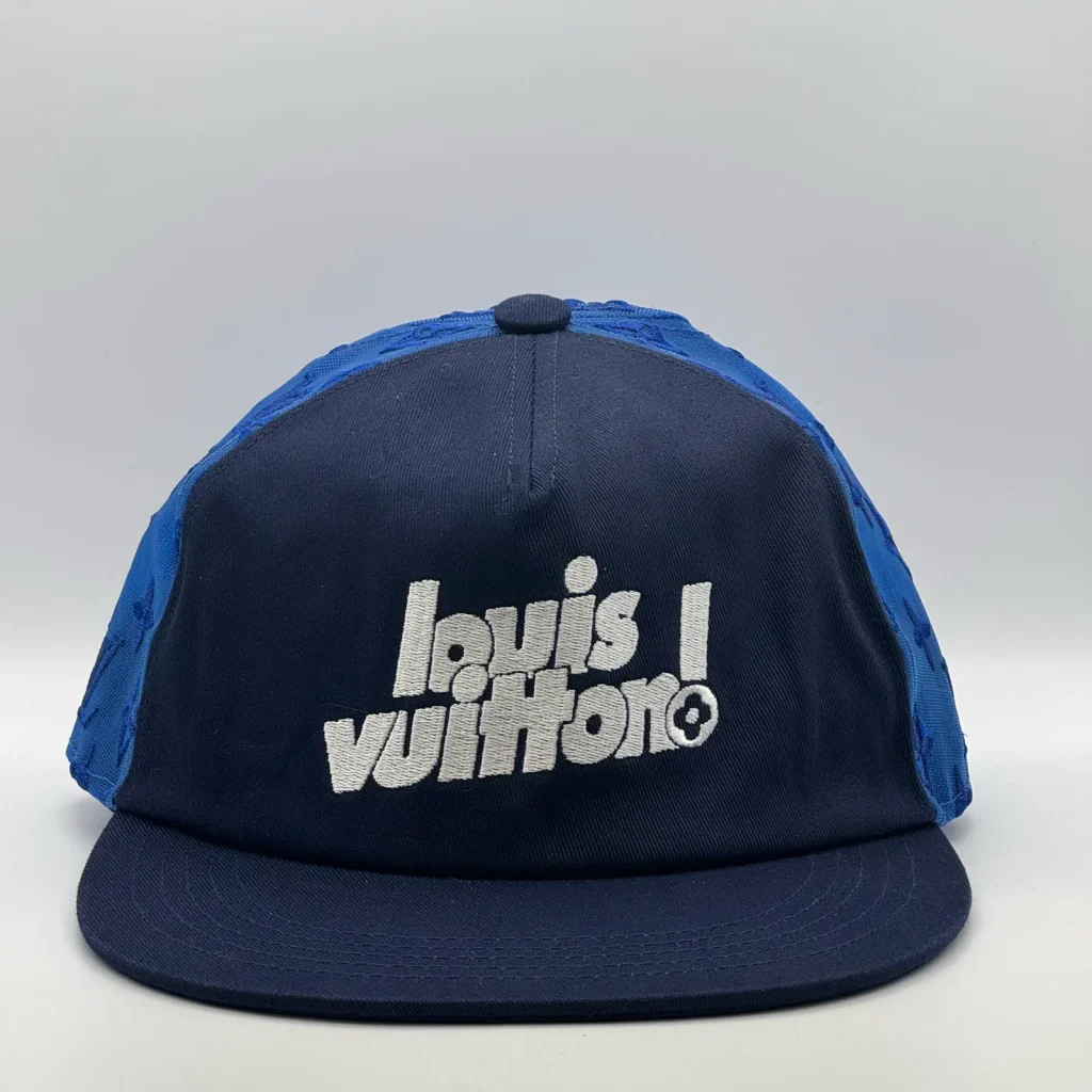 Navy Louis Vuitton Logo Mesh cap, front view showing the wordmark logo.